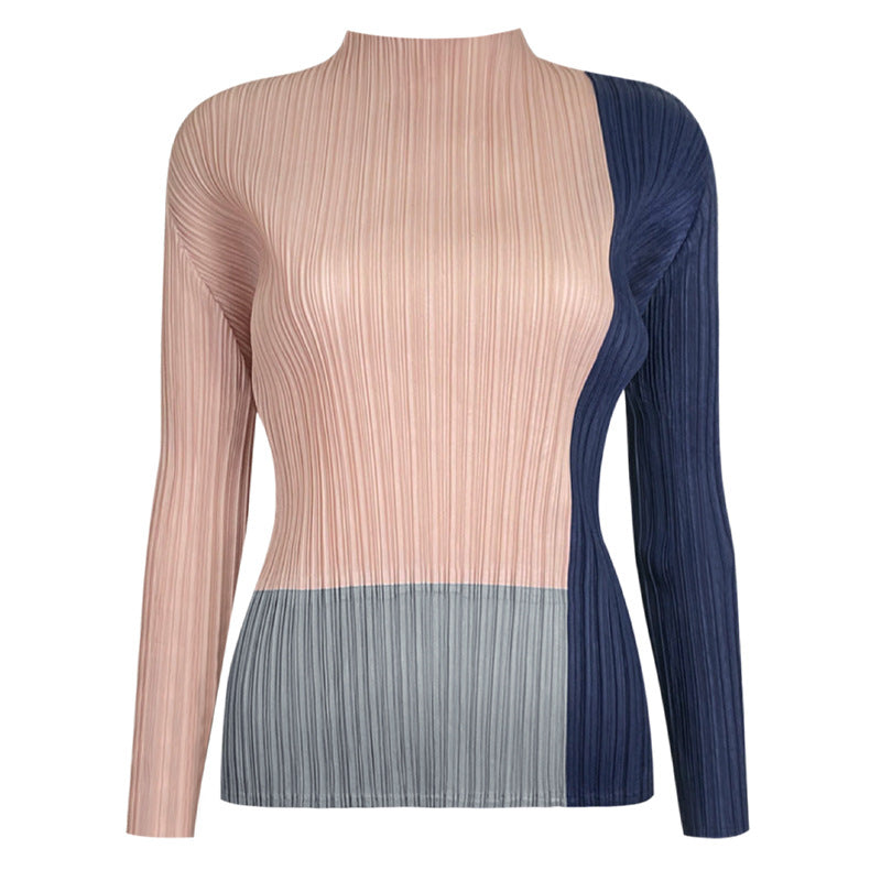 Half Collar Color Contrast Long Sleeve T-shirt Slimming Versatile Bottoming Shirt Niche Inner Wear Blouse