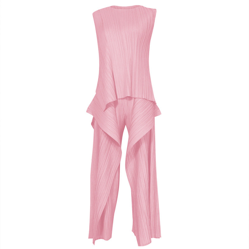 Double-Layer Top Vest Casual Wide-Leg Pants Irregular Fake Two-Piece Suit Women