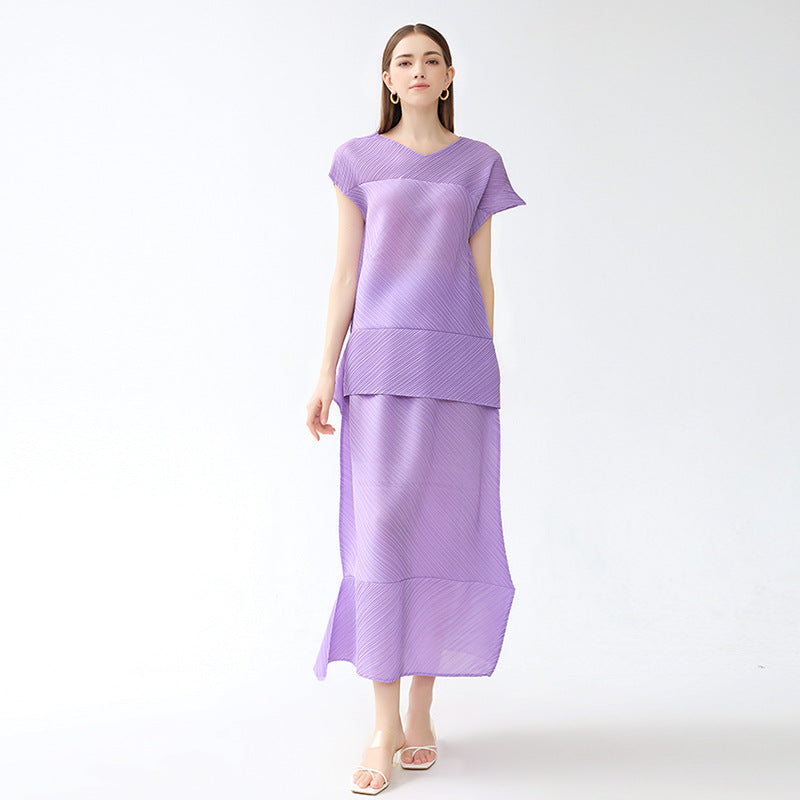 Folding Suit Level Sense Casual Short-Sleeved Top Irregular Skirt Solid Color Two-Piece Set