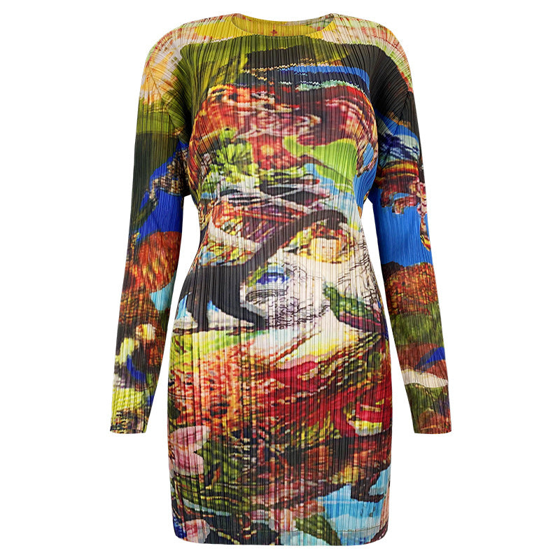 Dinosaur Painting Printed round Neck Long Sleeve Slim Design plus Size T-shirt