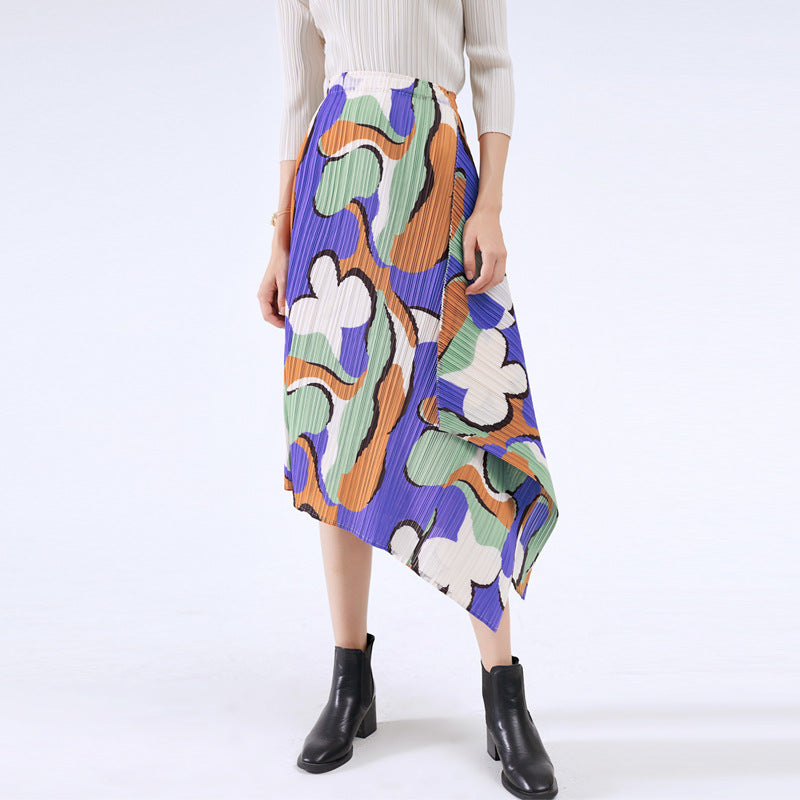 Pleated Skirt Commute Style Type a Mid-Length Summer Printed Pleated Skirt for Women