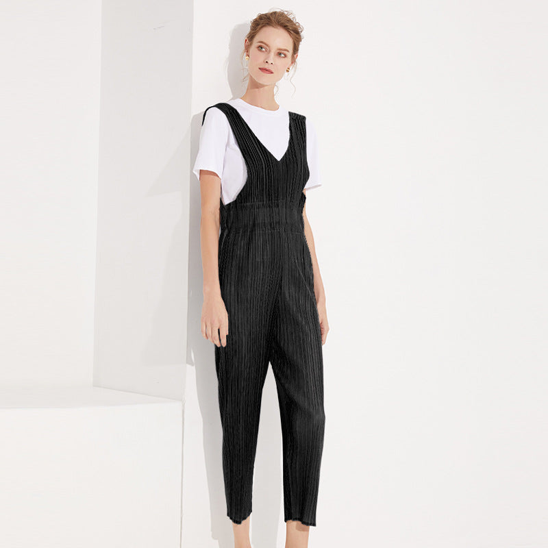 Casual Pants Waist-Tight Slimming and Straight Suspenders Pleated Suspender Pants Trendy Women