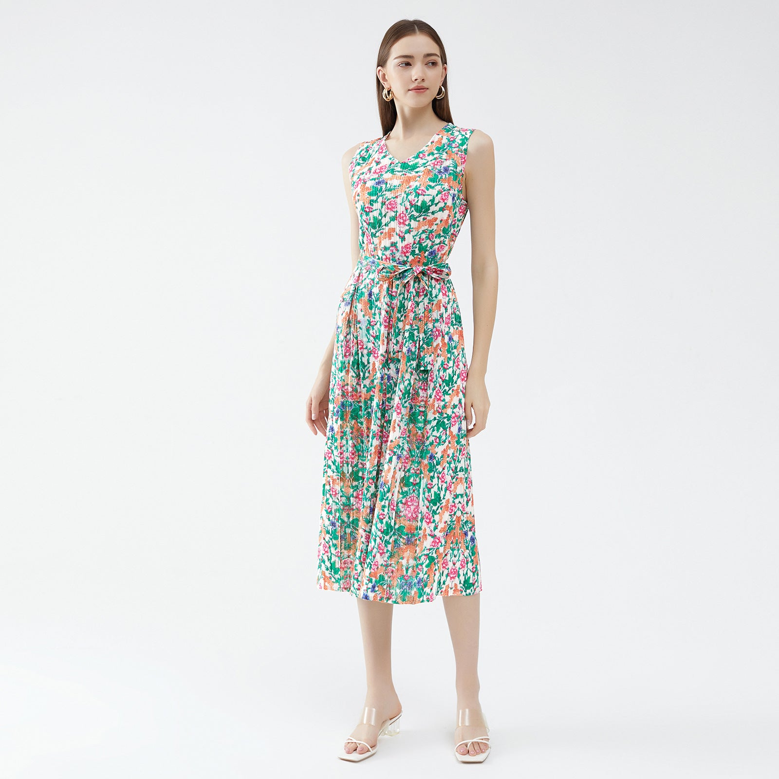 Floral Pleated Dress Waist Lace-up Sleeveless A- line Midi Dress V-neck Stitching