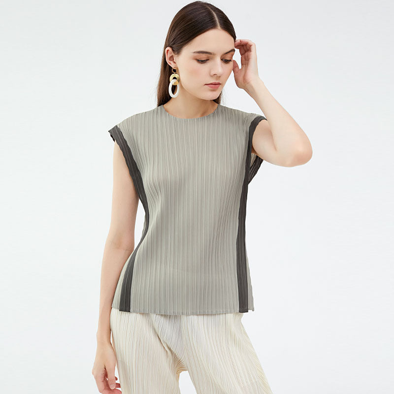 Patchwork Top Design Sense round Neck Pleated Loose T-shirt Women's Casual