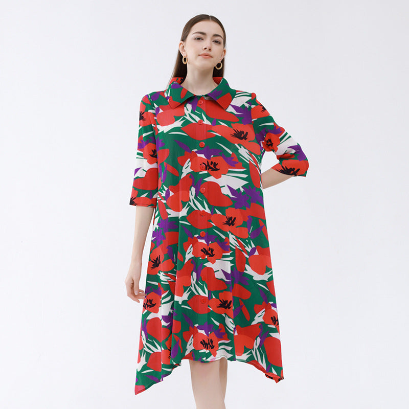 Half Sleeve Polo Collar Loose Flower Pleated Gentle Dress Women's Single Breasted
