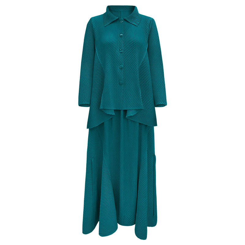 Scale Pleated Autumn Solid Color Loose Long Sleeves Lapel Irregular Top Wide Leg Skirt Two-Piece Set