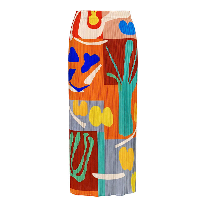 Printed A- line Sheath Skirt Slimming Mid-Length Pleated Skirt for Women