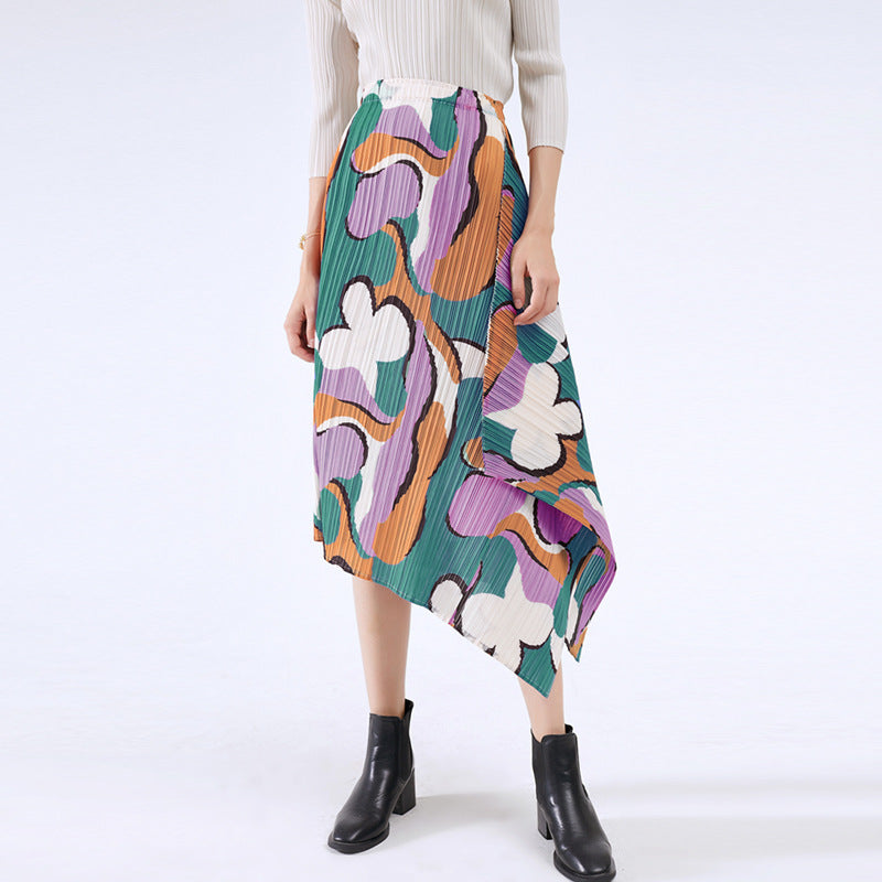 Pleated Skirt Commute Style Type a Mid-Length Summer Printed Pleated Skirt for Women