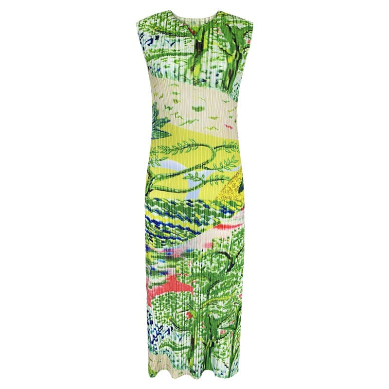 Green Painting Dress Sleeveless Small V-neck Slim Fit Slimming A- line Dress Women