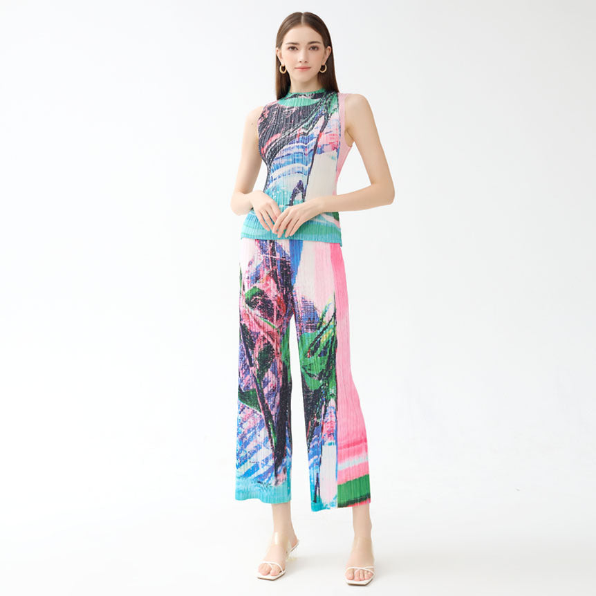 Printing and Dyeing Suit Pleated Print Sleeveless Top Straight-Leg Pants Slim Fit Slimming Casual Two-Piece Suit