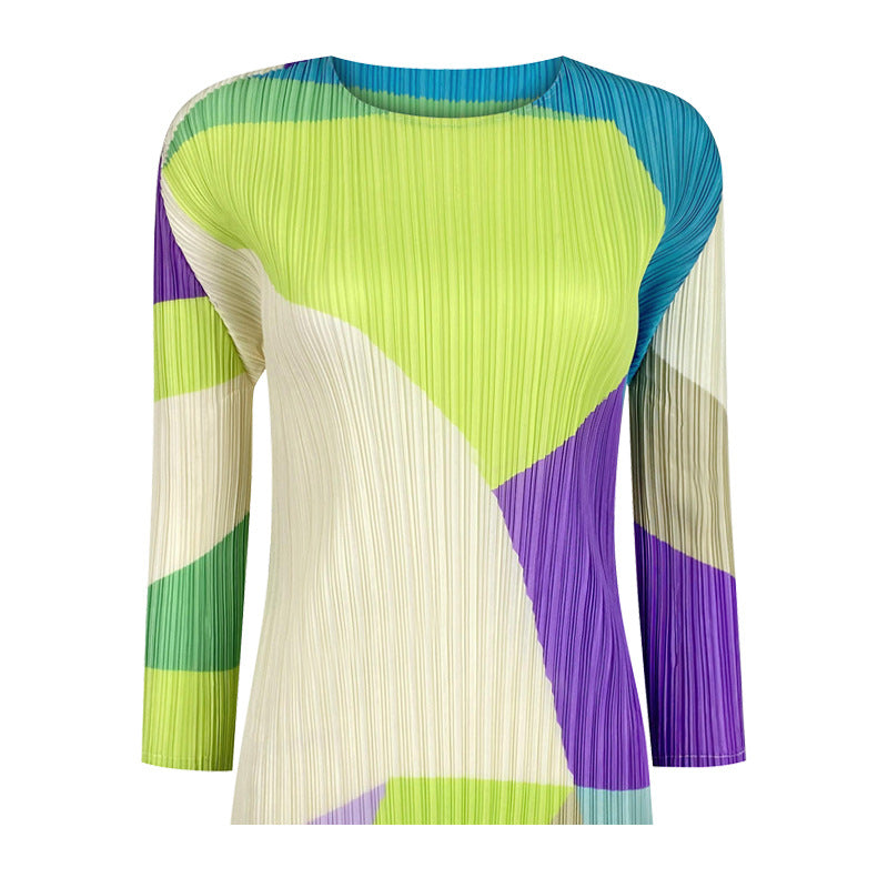 Color Block Basic Shirt Women's Autumn Design Sense round Neck, Slim-Fit, Long-Sleeved T-shirt Top Women