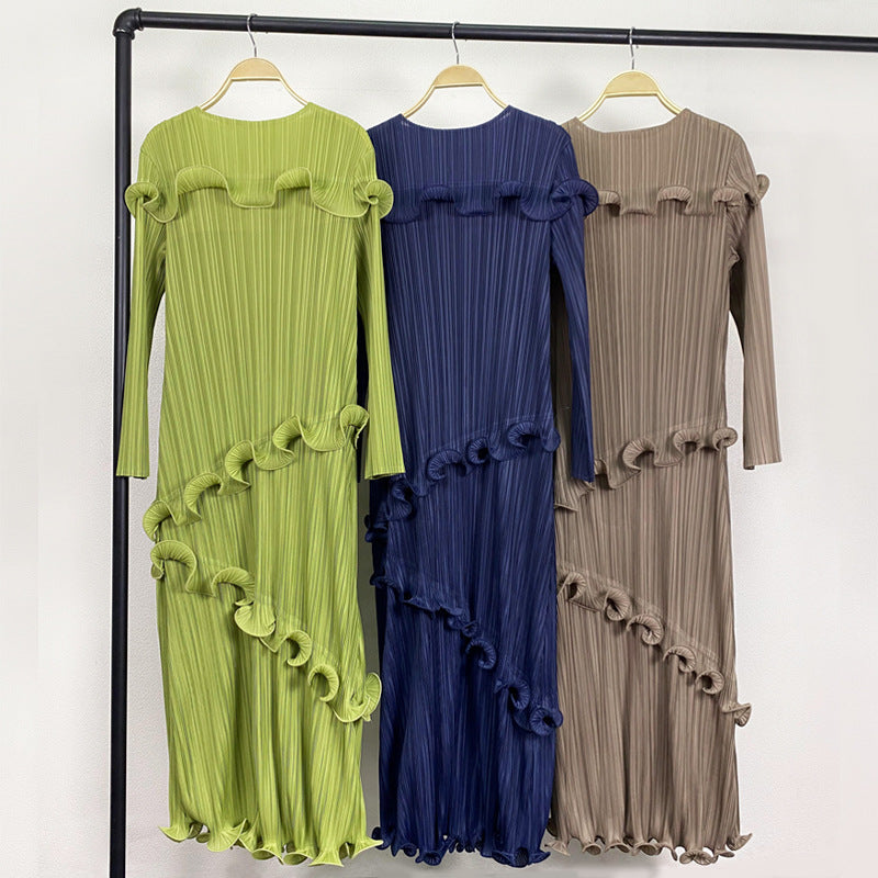 Pleated Slim Solid Color Long Sleeve Skirt plus Size Dress Women