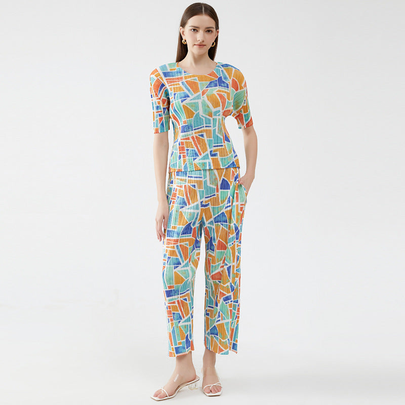 Pleated Suit round Neck Short Sleeve Loose Printing and Dyeing Casual Trousers Elegant Square Two-Piece Set for Women