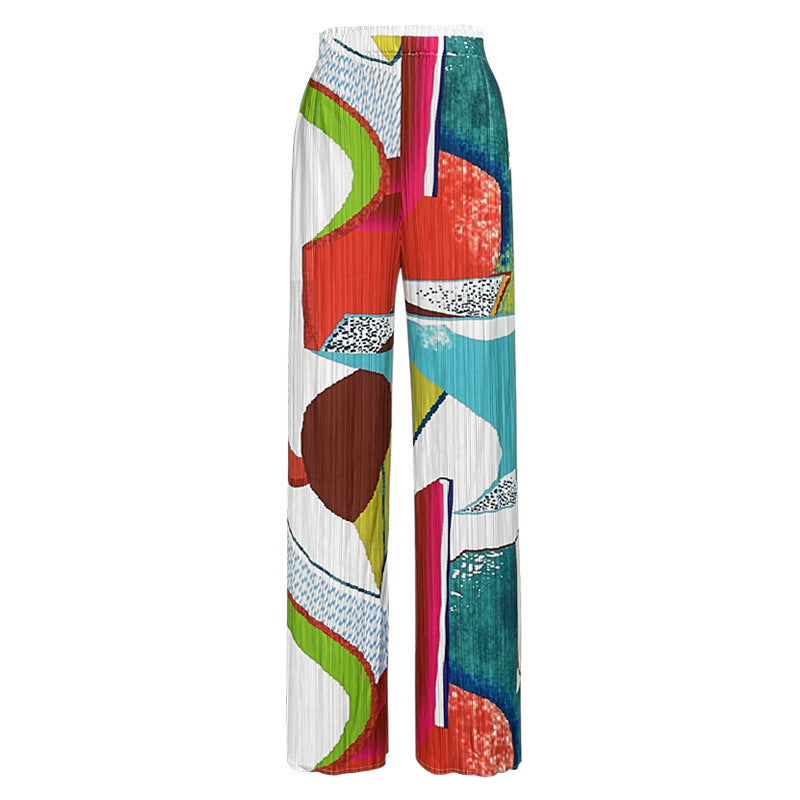 Casual Printing Suit Short-Sleeved Top Draped Pants Two-Piece Set for Women