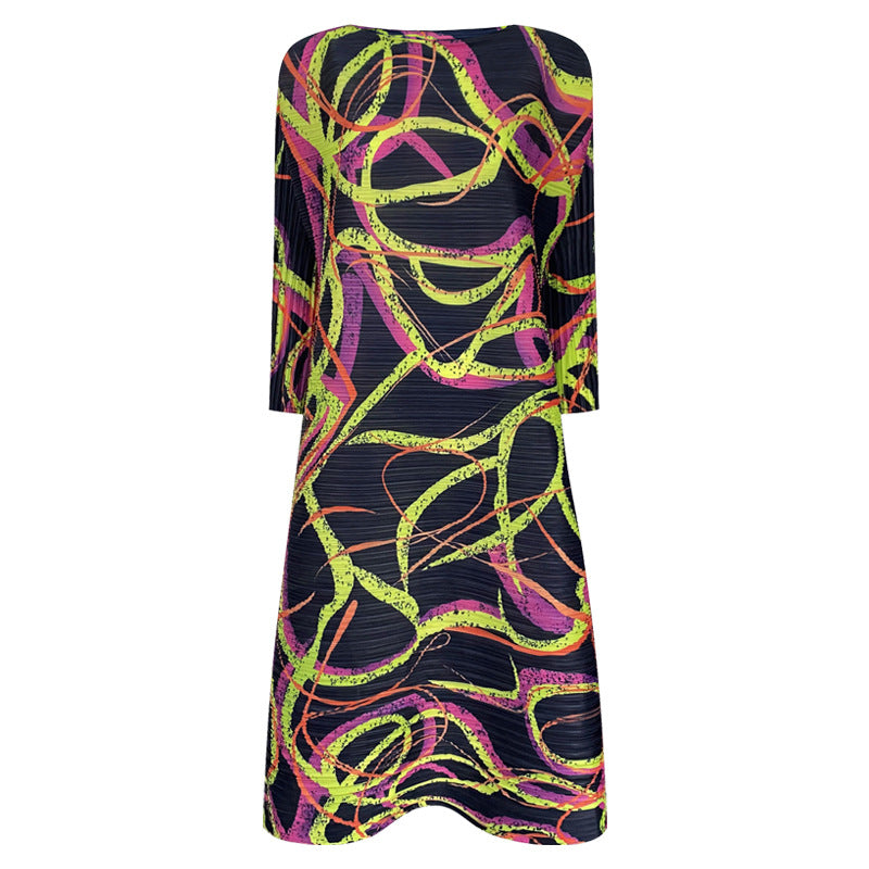 Design Loose Line Floral Print Slit Casual Pleated Midi Dress for Women