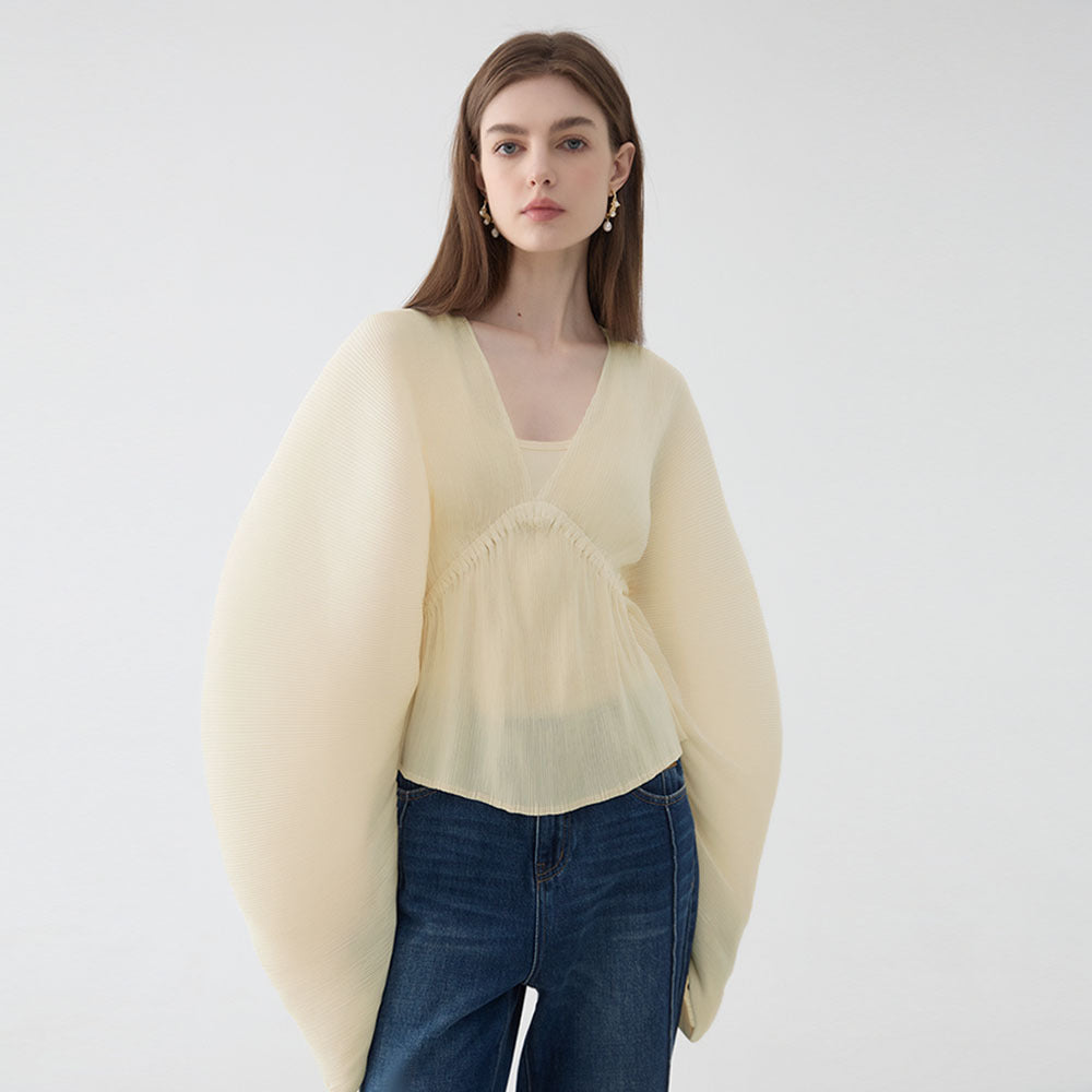 Flare Sleeve Deep V-neck Blouse Women Casual Solid Color Sexy Loose Women Tops