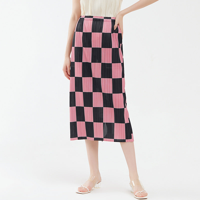 Elegant Pleated Skirt Chessboard Plaid A- line Sheath Skirt Women
