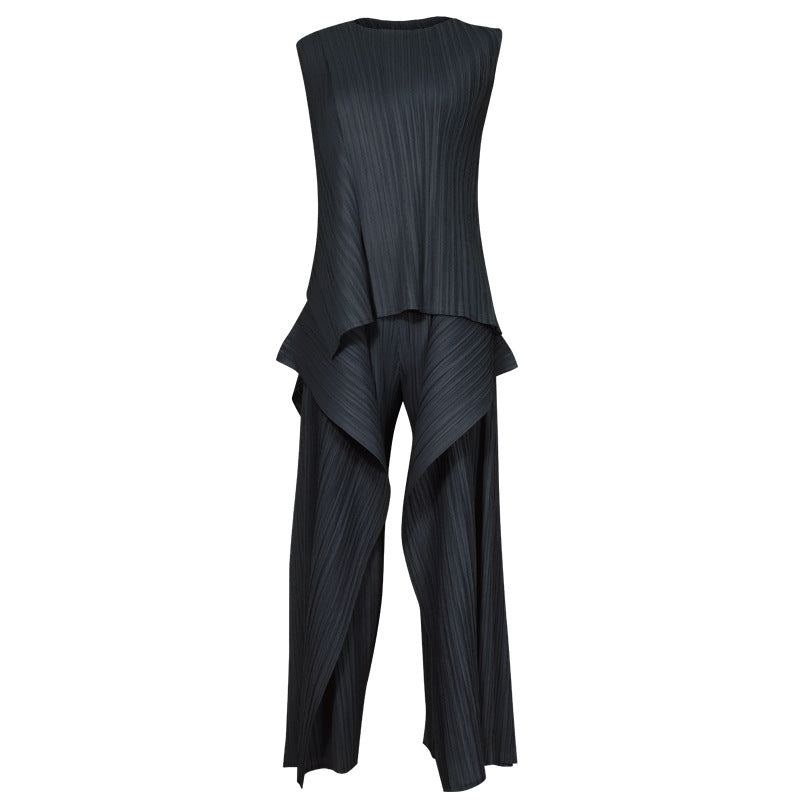 Double-Layer Top Vest Casual Wide-Leg Pants Irregular Fake Two-Piece Suit Women