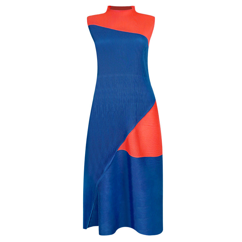 Contrast Color Half Collar Dress Female Dignified Sense of Design Patchwork Skirt