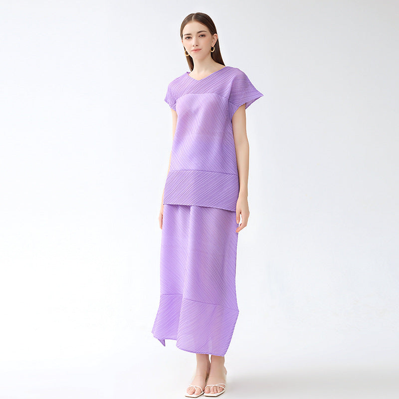 Folding Suit Level Sense Casual Short-Sleeved Top Irregular Skirt Solid Color Two-Piece Set