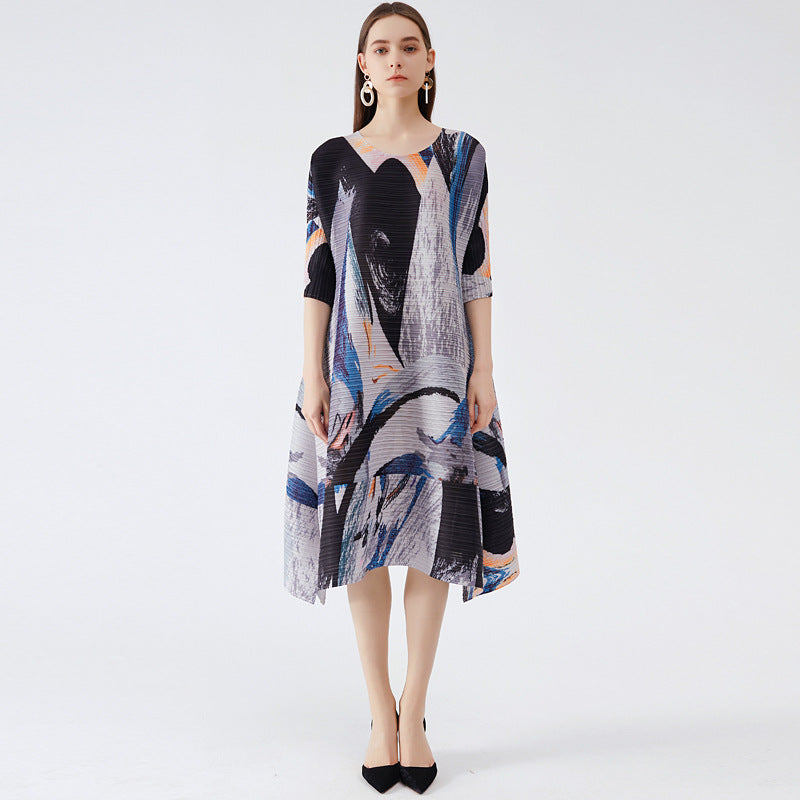 Printed round Neck Pleated Dress Light She Design Taste Half Sleeves Loose Large Swing Skirt