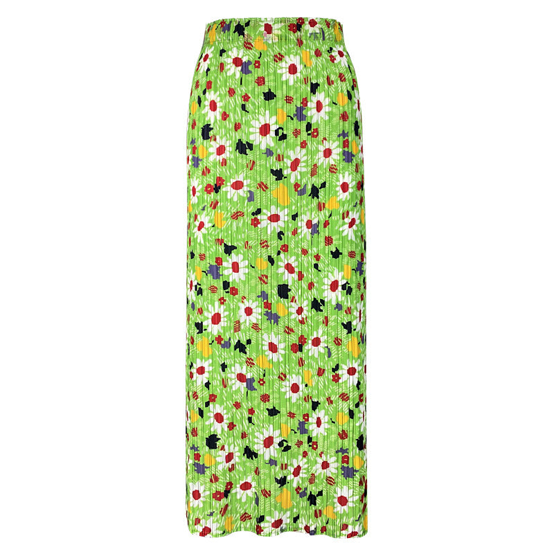 Mid-Waist Skirt Mid-Length Slimming Women's Fold Floral Long Skirt Summer Skirt