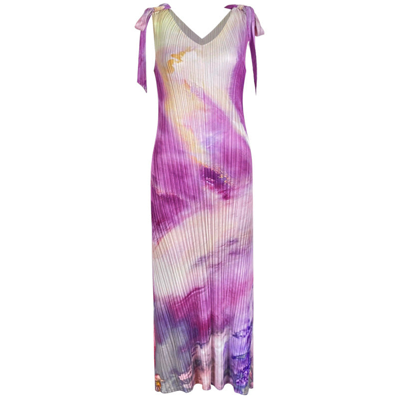 Casual Style Casual V-neck A- line Skirt Ink Painting Printed Lace up Dress Women