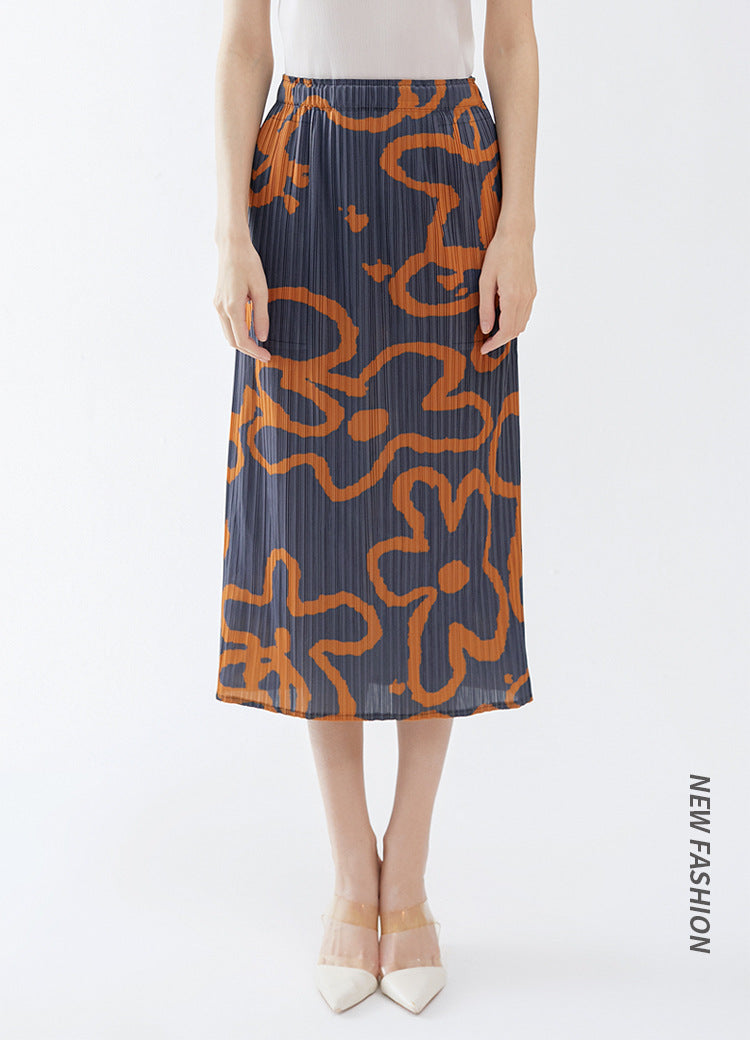 Flower Skirt Women's Spring Pleated Waist Printed Dress Slim Fit A- line Dress Women's