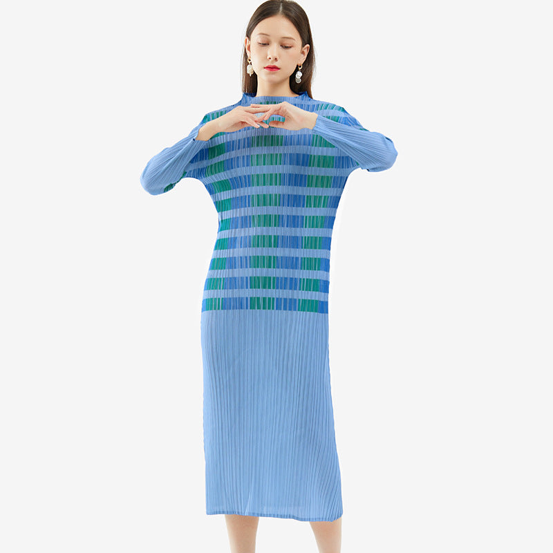 Pleated Elegant Slim Half Collar Dress Long Sleeve Straight Slimming Midi Dress Women