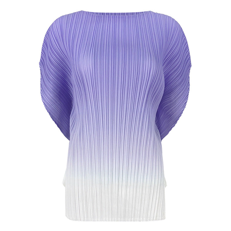 Gradient Color Short-Sleeved T-shirt Women's Simple Style Small Loose All-Match round Neck Pleated Top