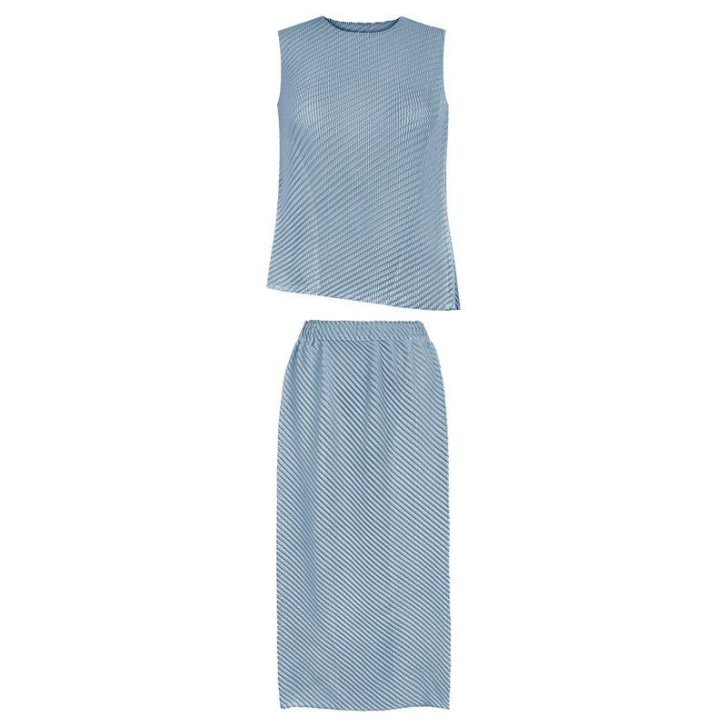 Casual Style Scale Pleated Solid Color Sleeveless Top and Skirt Casual Suit Women