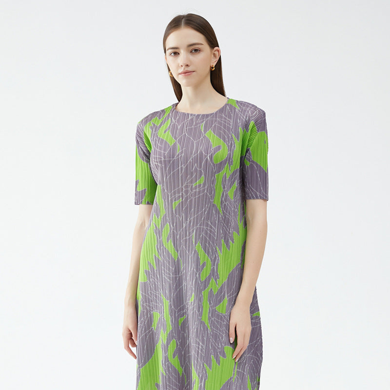 Geometric Printing and Dyeing Loose Casual Pleated Dress Mid-Length Split Temperament Dress