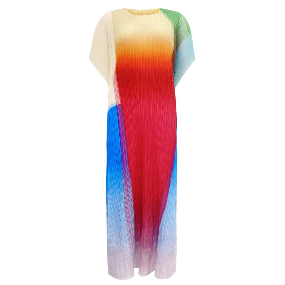Gradient Loose Multicolor Short Sleeve round Neck Pleated Casual Style Dress Women