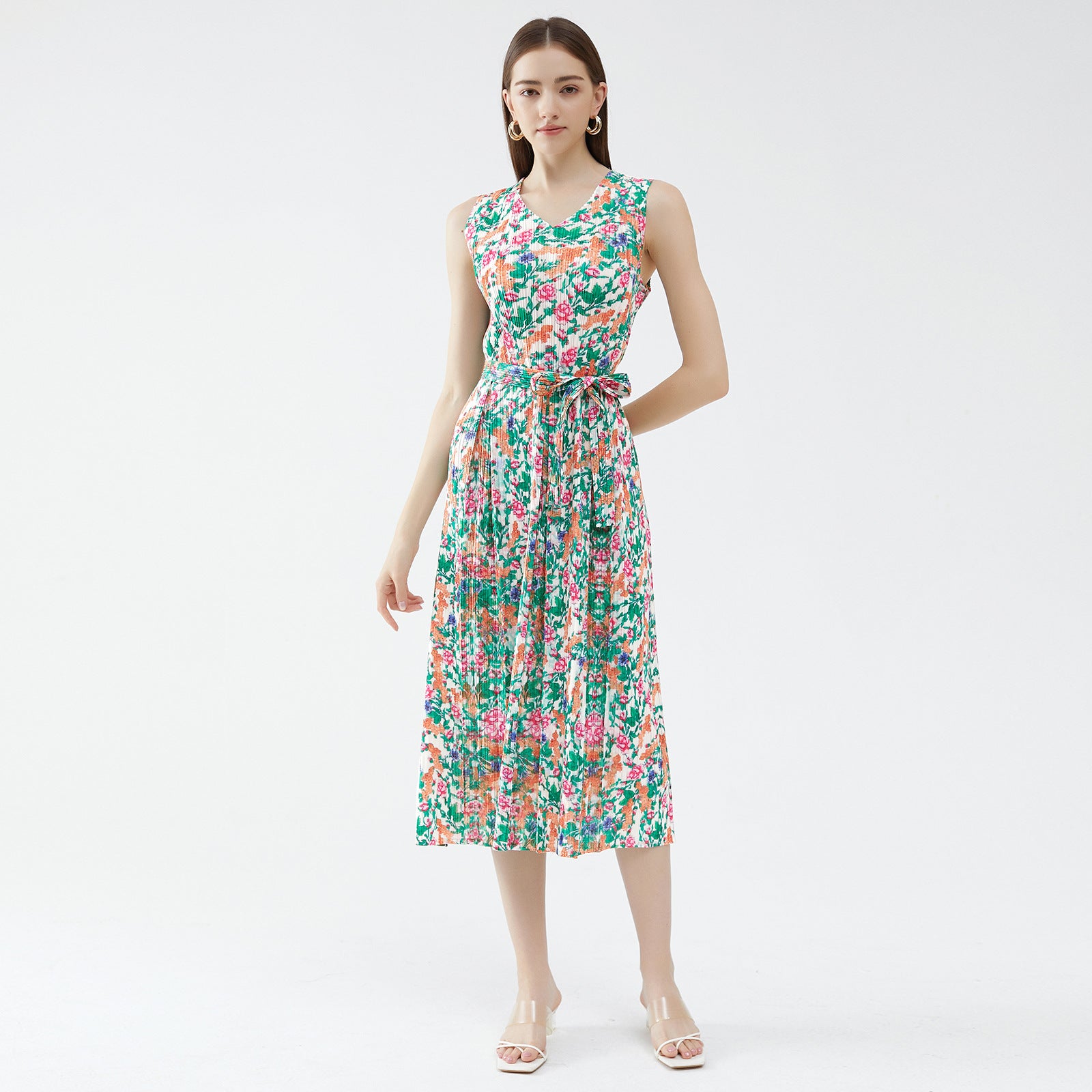 Floral Pleated Dress Waist Lace-up Sleeveless A- line Midi Dress V-neck Stitching