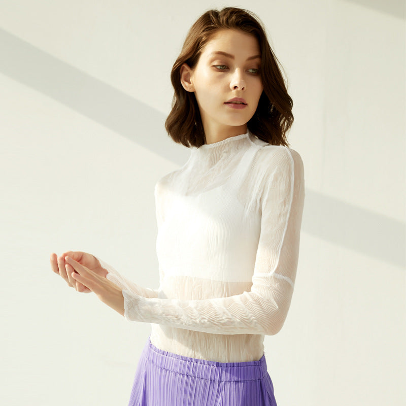 Season Women's Simple Slim Fit Inner Wear Collar Pleated Hollow Bottoming Shirt Women's Long Sleeve Sun Protection Shirt