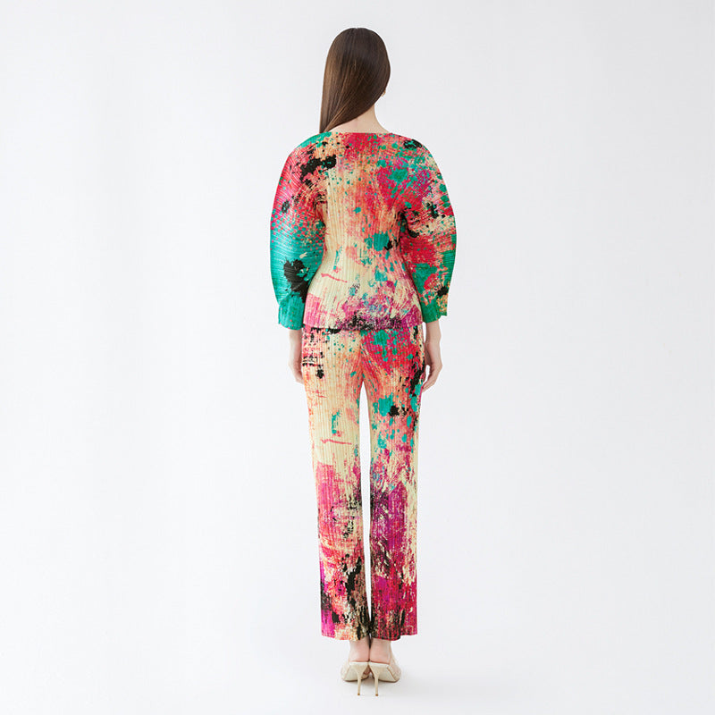 Printing Suit Women's Slim Hand-Painted Long-Sleeved Top Casual Pants Come to Two-Piece Suit Women