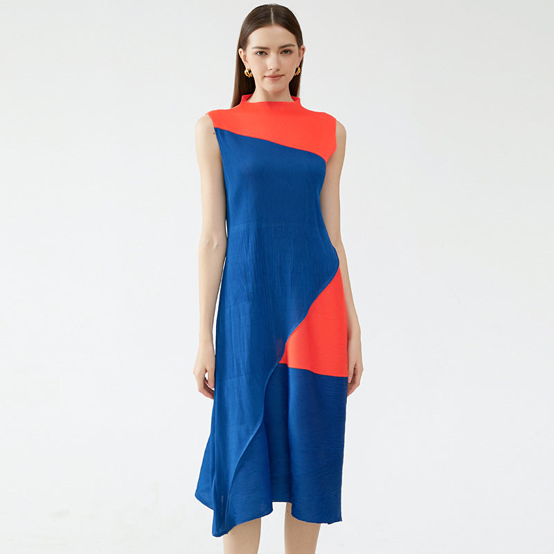 Contrast Color Half Collar Dress Female Dignified Sense of Design Patchwork Skirt