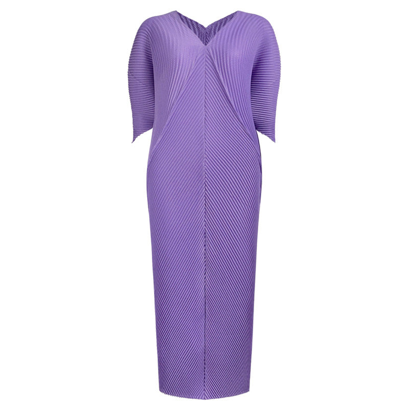 Scale Pleated Dress Mid-Length Five-Quarter Sleeve Elegant Solid Color Dress Women