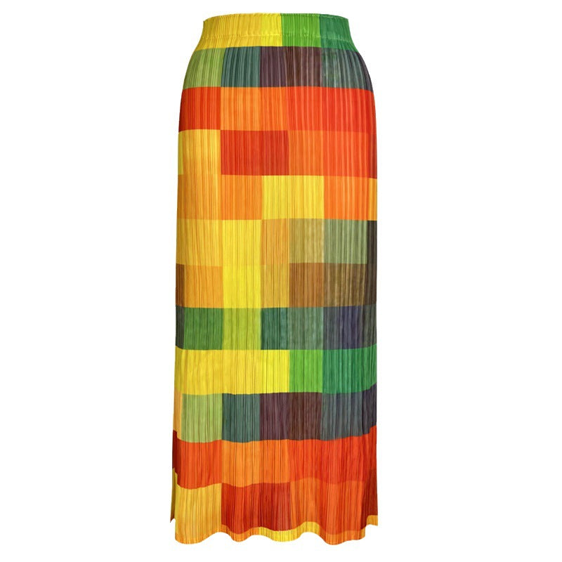 Plaid Printed Slimming A- line Skirt Mid-Length Pleated Skirt Temperament Dress Women's Summer