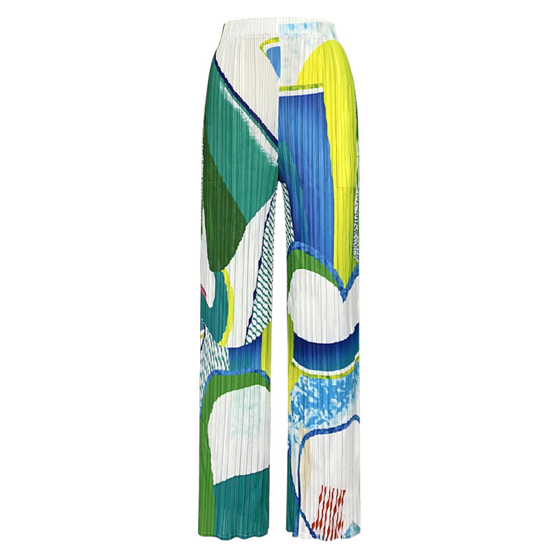 Casual Printing Suit Short-Sleeved Top Draped Pants Two-Piece Set for Women