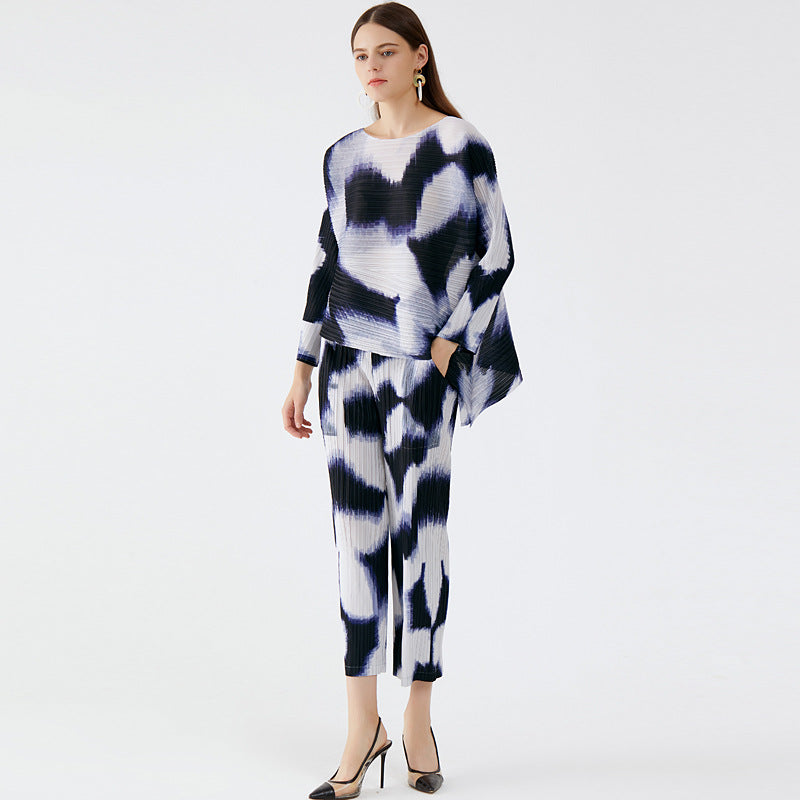 Pleated Suit Women's Personalized Hand-Painted Casual Style Slimming Top Casual Pants Two-Piece Set