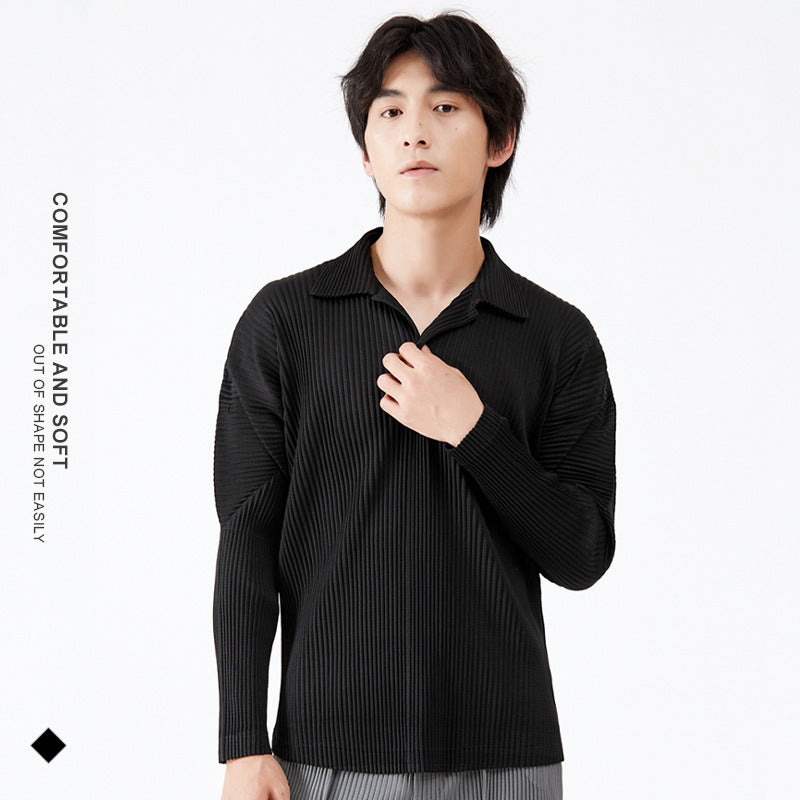 Men's Long-Sleeved Solid Color Collar T Casual Polo Collar Pleated Men's T-shirt