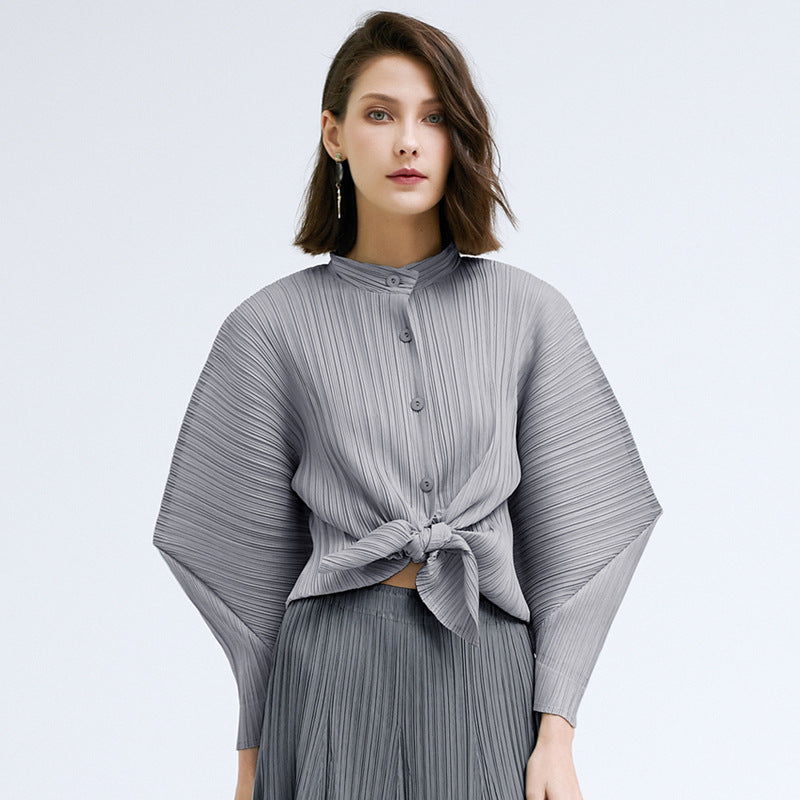 Batwing Long Sleeve Stand Collar Top Loose Slimming Shirt Cardigan Buckle Niche Horn Style