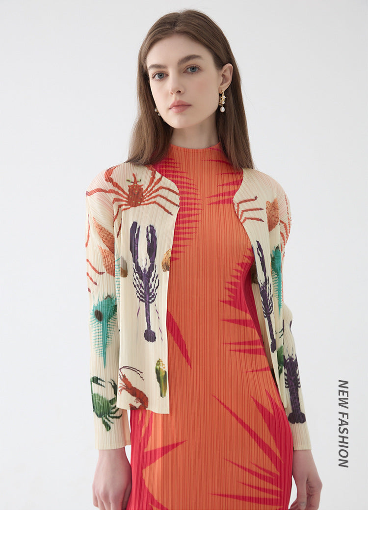 Long Sleeve Sunscreen Coat Women's Lightweight Cardigan Model Top Seafood Printed Shawl Small Coat for Women without Buckle