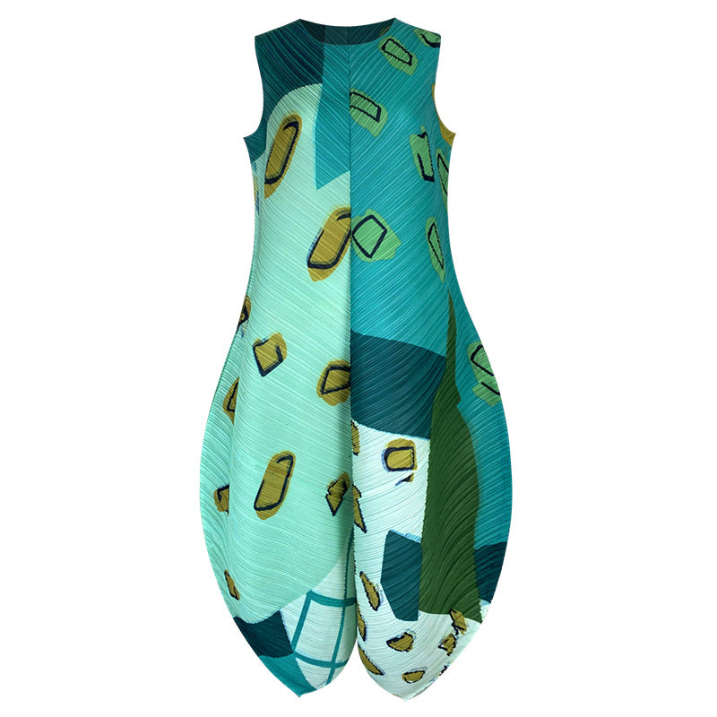 Elegant Style Temperament Pullover Sleeveless round Neck Printing and Dyeing Pleated Umbrella Skirt Dress Women