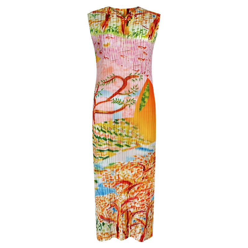 Green Painting Dress Sleeveless Small V-neck Slim Fit Slimming A- line Dress Women