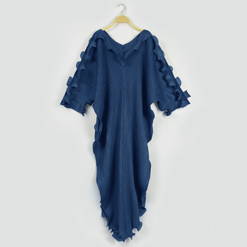 Loose Lotus Leaf Long Sleeve Pleated Dress Temperament Pure Color Loose Bottoming Skirt