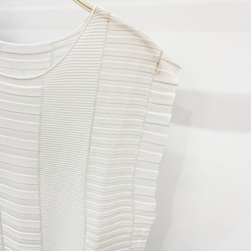 Breathable Solid Color Sweater Fashionable Sleeveless T-shirt Loose Waist Striped Thin Casual Top for Women Summer