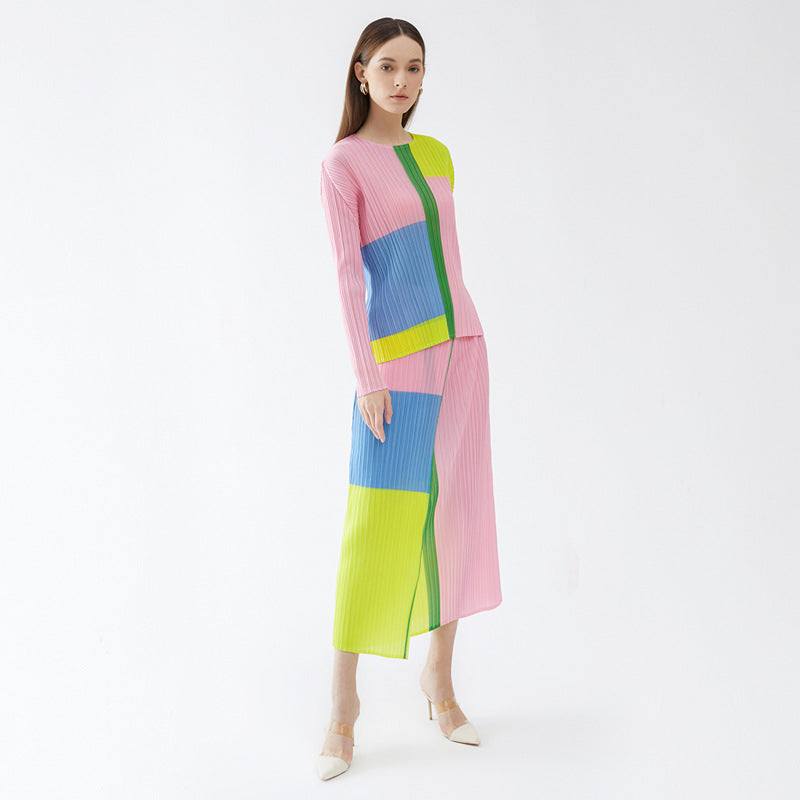 round Neck Long Sleeve Top Waist Casual Pleated Skirt Suit Women's Pleated Two-Piece Suit