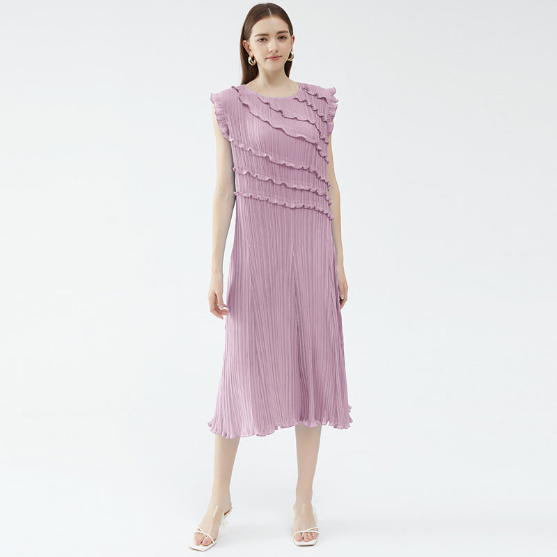 Casual Style Casual Draped Dress round Neck Wooden Ear Patchwork Skirt Sleeveless Solid Color Dress Women